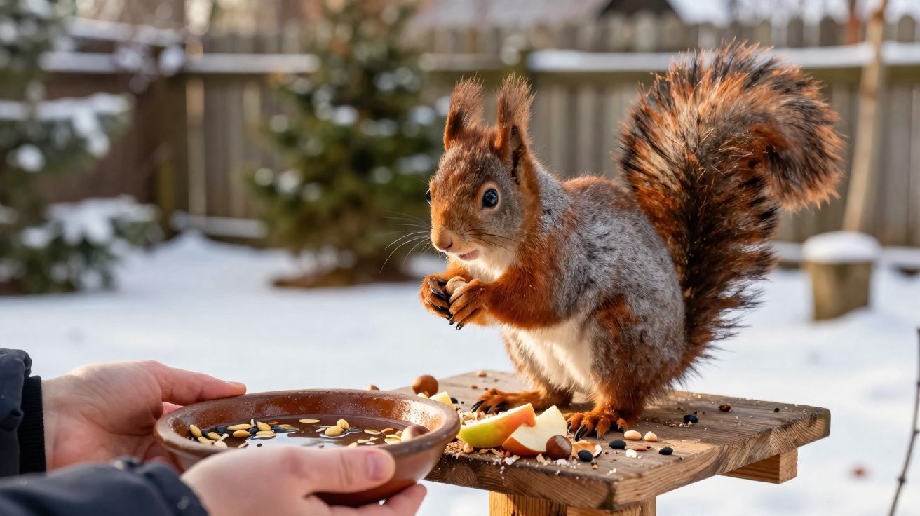 Esquilo vermelho com cauda felpuda a comer frutos secos numa mesa de madeira na neve.