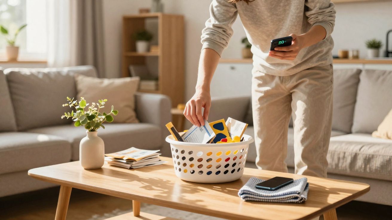 Pessoa a organizar produtos numa cesta branca numa sala de estar luminosa e acolhedora.