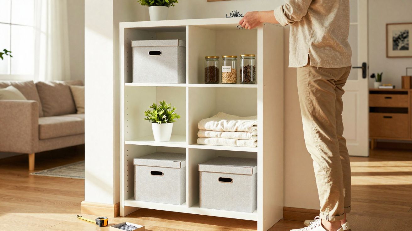 Pessoa a montar estante branca com caixas, plantas e frascos num ambiente interior iluminado.