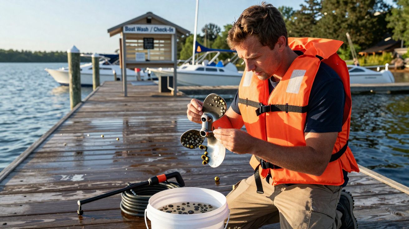 Homem com colete salva-vidas conserta hélice de barco num cais com vários barcos ao fundo.
