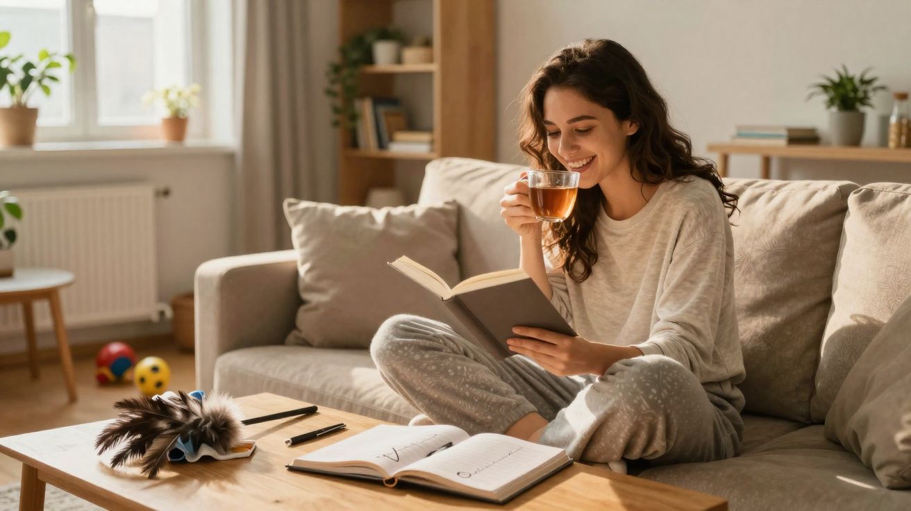 Mulher sorridente a beber chá e a ler um livro sentada no sofá numa sala acolhedora.