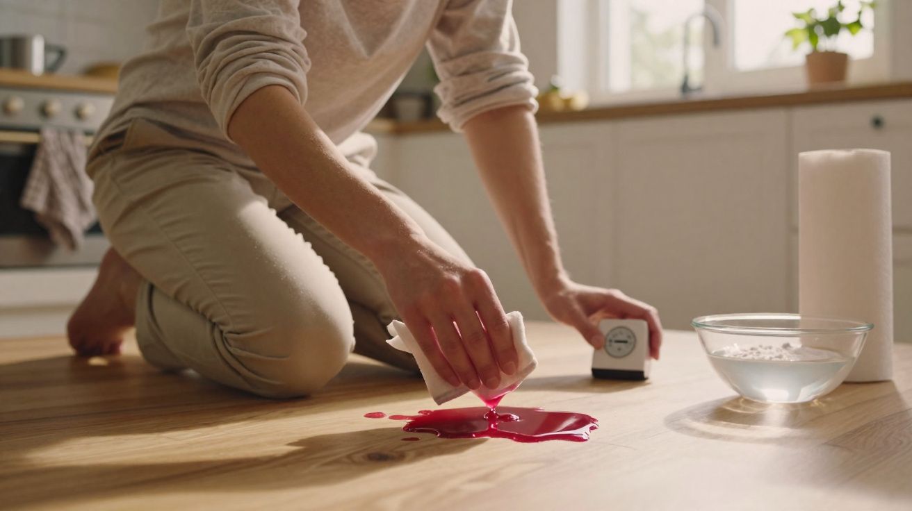Pessoa a limpar um líquido vermelho derramado no chão de madeira na cozinha, com utensílios de limpeza ao lado.