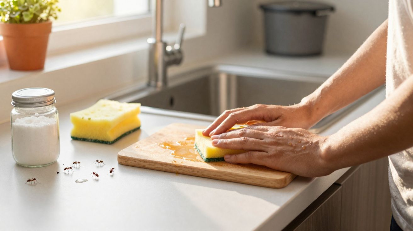 Mãos a limpar tábua de cortar com esponja numa cozinha, perto de formigas e frasco de pó branco.