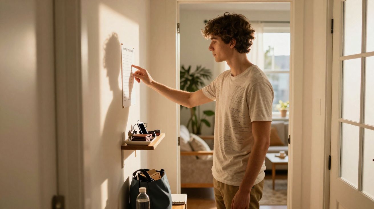 Jovem com camiseta branca consulta papel afixado na parede de casa em ambiente iluminado.