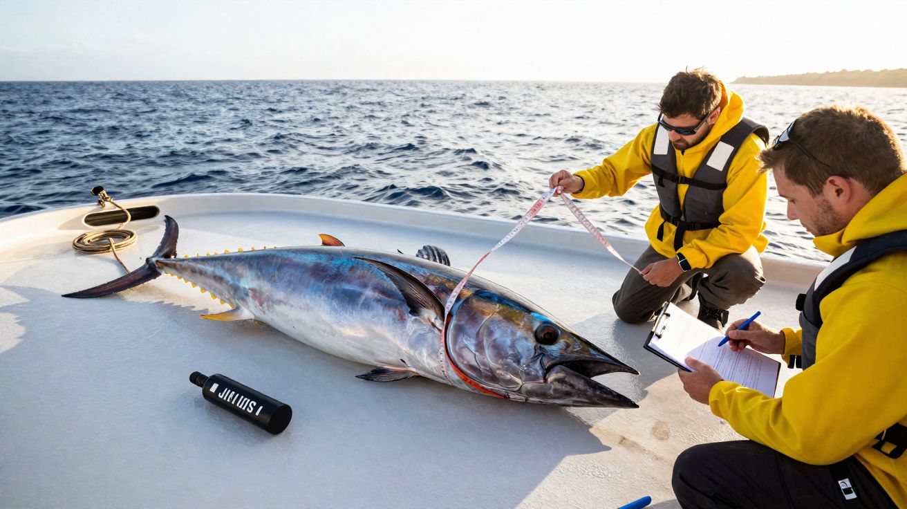 Dois pescadores medem e registam o tamanho de um atum grande a bordo de um barco no mar.