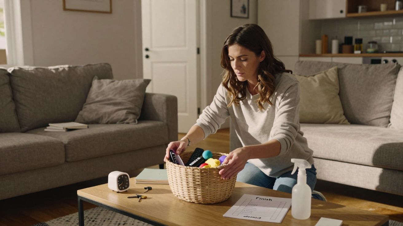 Mulher a guardar controlo remoto e bolas coloridas numa cesta numa sala com sofá e mesa de centro.