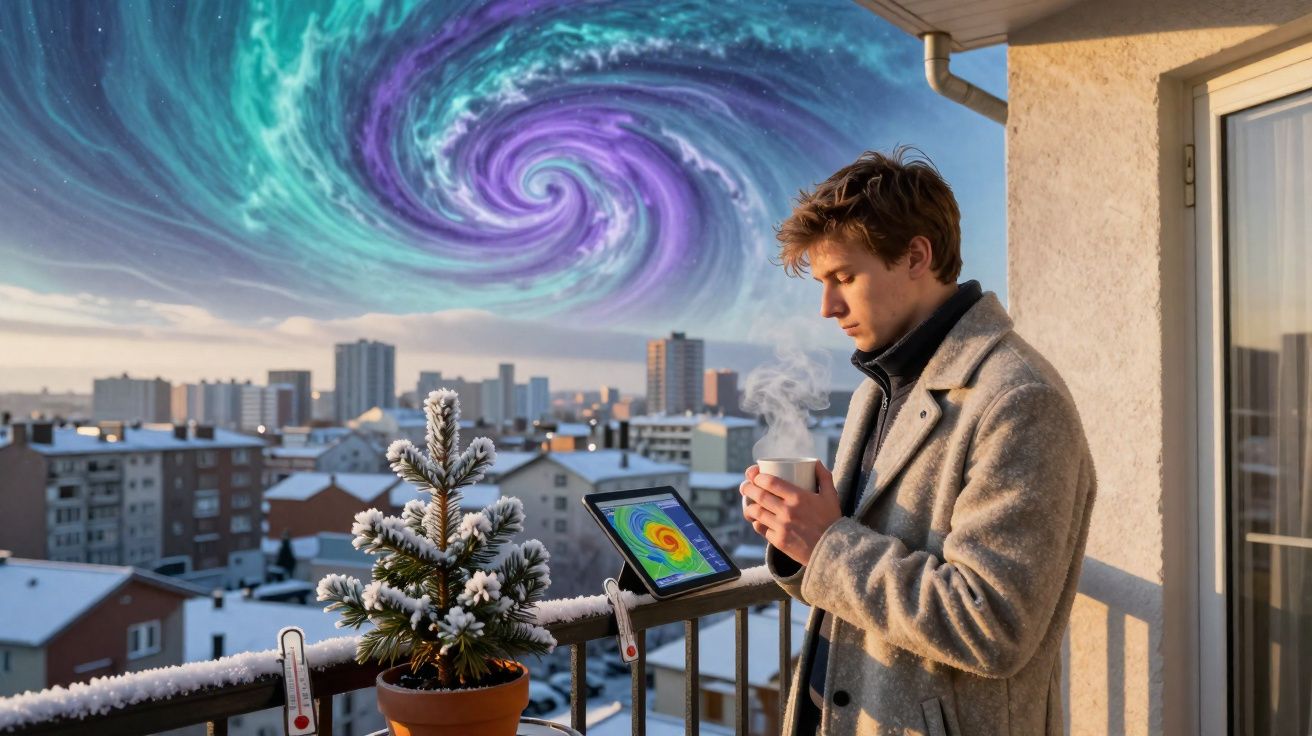 Homem numa varanda fria com chá quente olhando para tablet, com redemoinho colorido no céu da cidade.