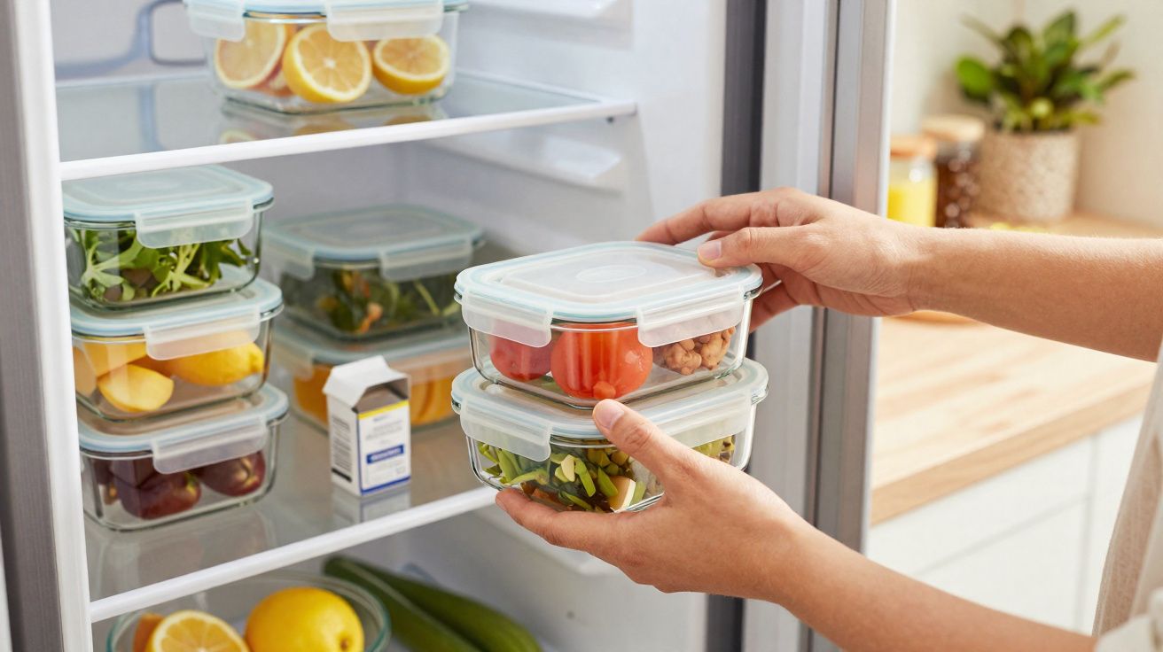 Mãos a guardar recipientes com salada e legumes numa porta de frigorífico com alimentos organizados.