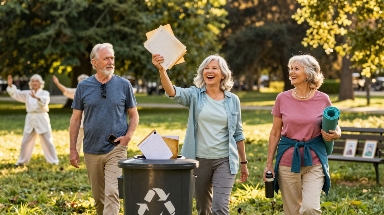 Três idosos felizes a caminhar num parque, uma mulher a reciclar papel num caixote, atividade ao ar livre.