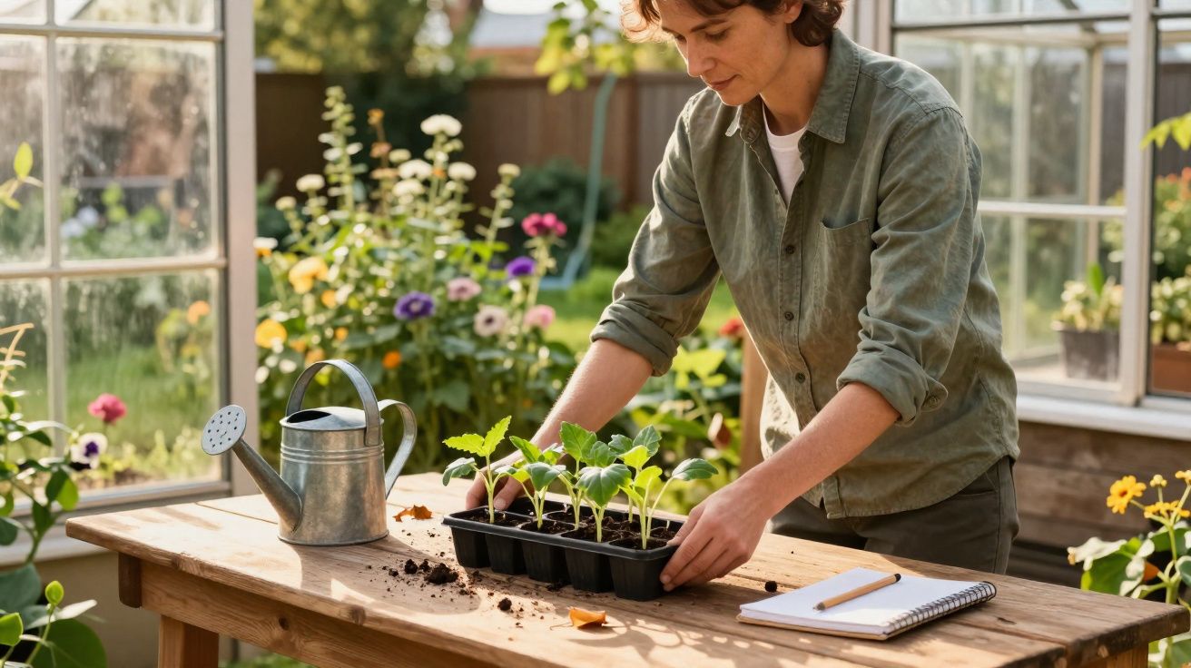 Pessoa a transplantar mudas numa estufa, com regador e caderno numa mesa de madeira.