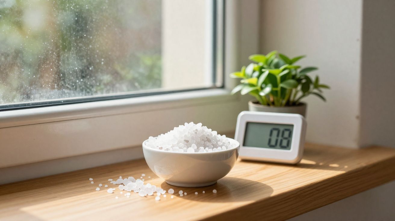 Taça branca com cristais de sal sobre parapeito de madeira junto a planta em vaso e termómetro digital.