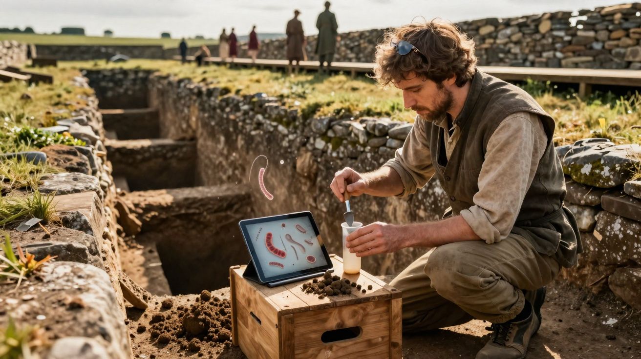 Arqueólogo analisa solo com dispositivo digital junto a escavação arqueológica ao ar livre.