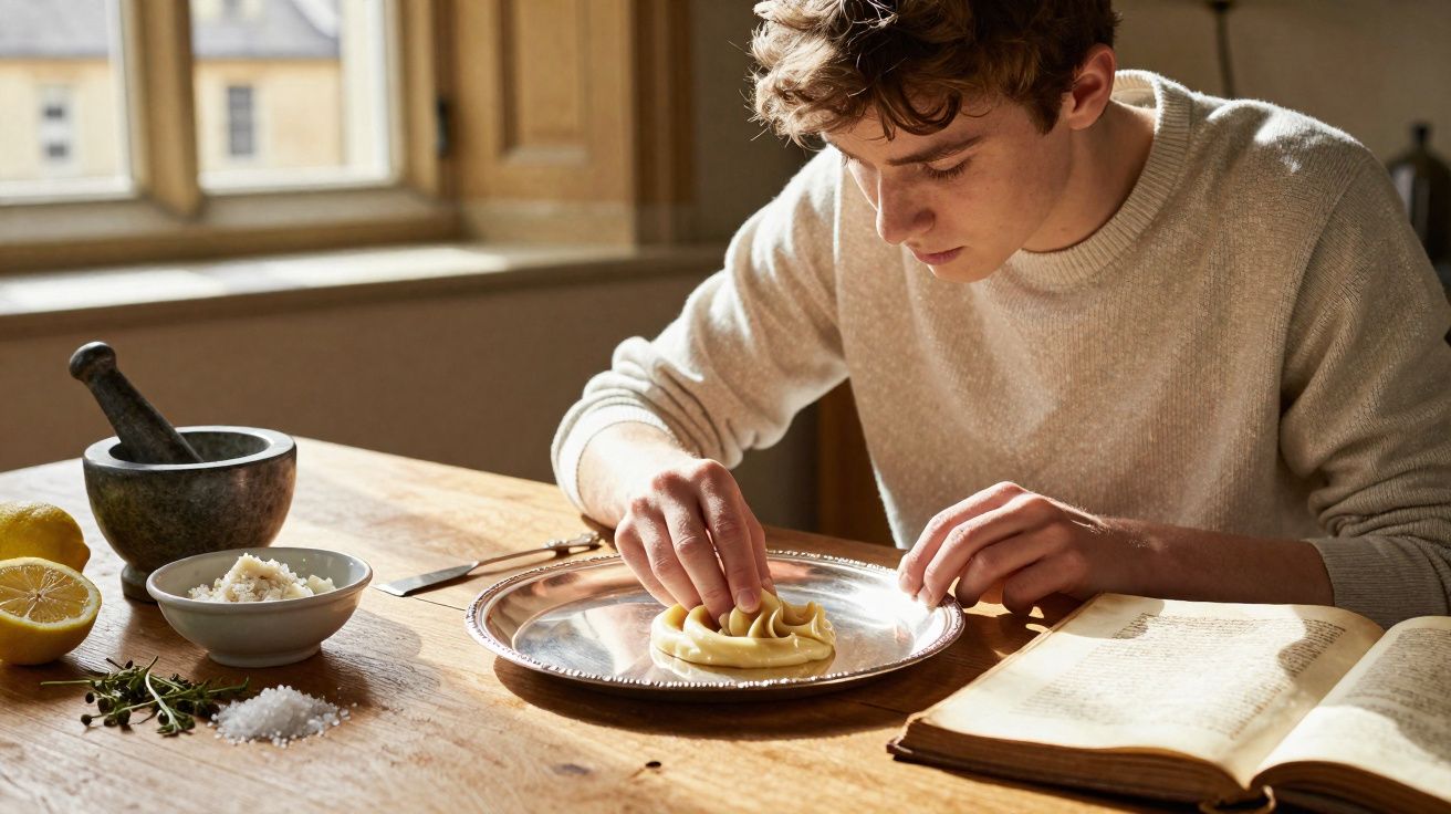 Jovem a decorar um prato de comida numa mesa de madeira com livro aberto e ingredientes ao lado.