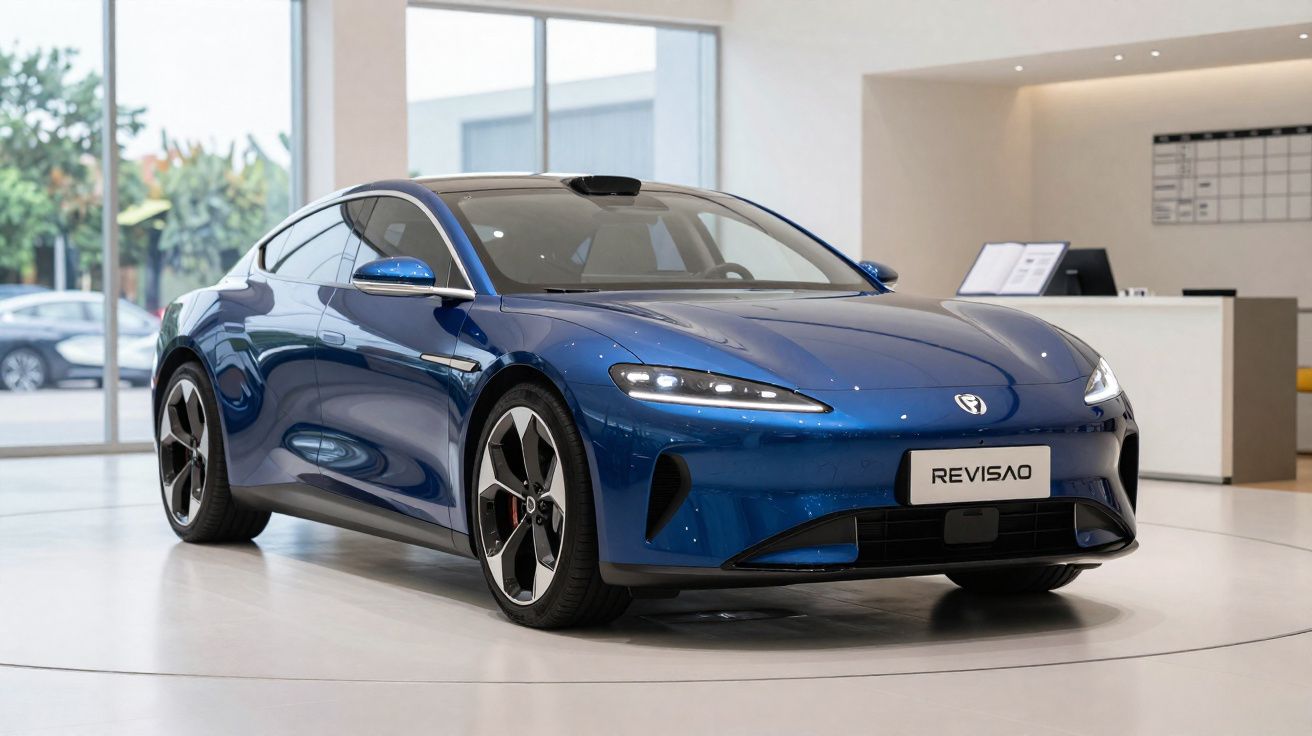 Carro desportivo elétrico azul exposto num salão moderno com luz natural e acabamento brilhante.