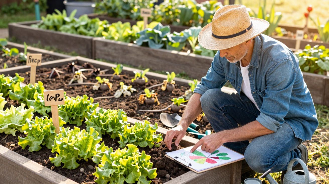 Homem com chapéu e roupa casual a cuidar de plantas num jardim hortícola com sinais identificativos.