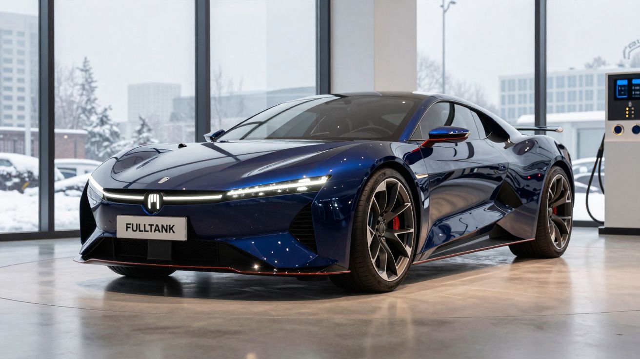 Carro esportivo elétrico azul brilhante com design futurista, estacionado dentro, junto a estação carregamento.