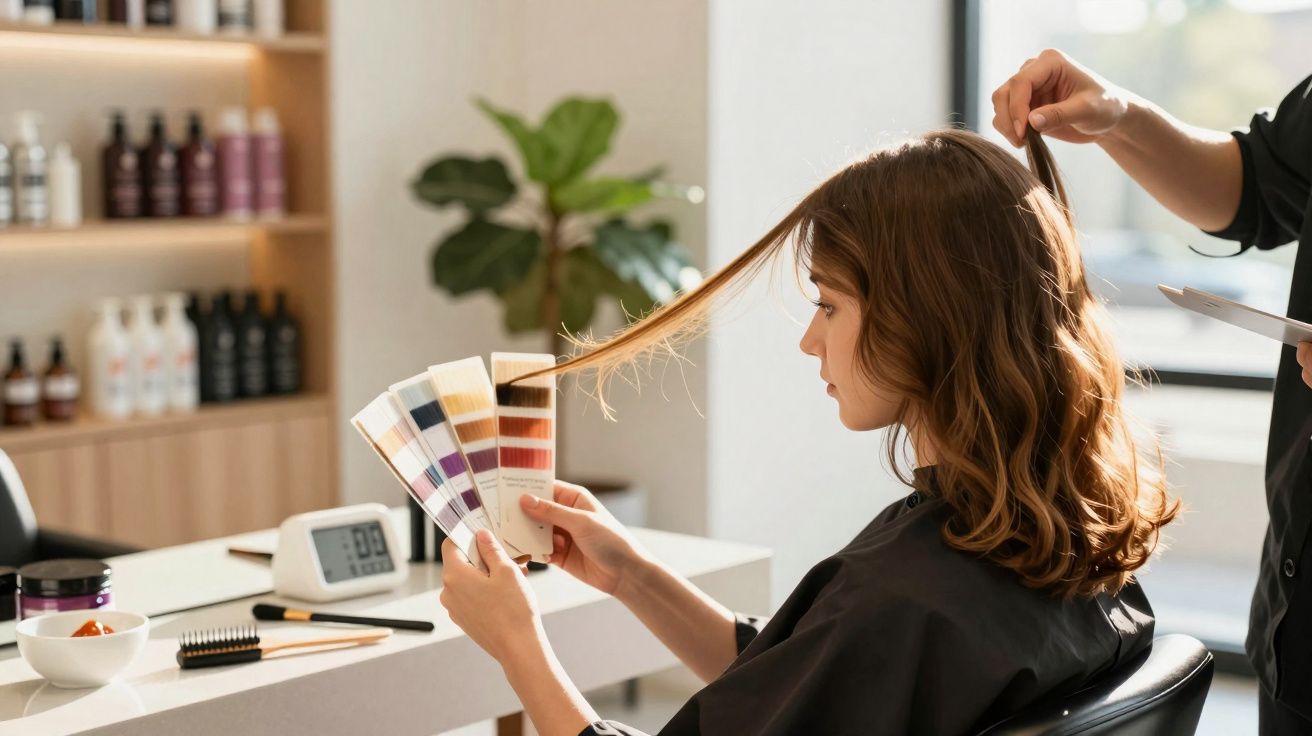 Mulher sentada no cabeleireiro a escolher cor de cabelo com amostras de tintas e cabeleireiro a levantar o cabelo.