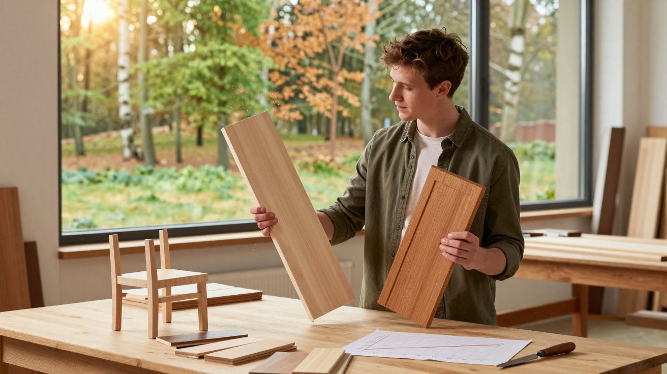 Homem a comparar dois pedaços de madeira num ateliê de carpintaria com cadeira em miniatura sobre a mesa.