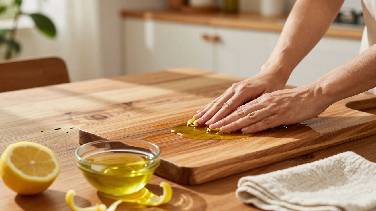 Mãos a espalhar azeite numa tábua de madeira numa cozinha com limão cortado e toalha ao lado.