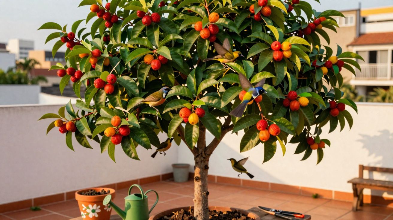 Árvore com frutos laranjas em vaso num terraço, rodeada por pássaros coloridos a voar e pousar.
