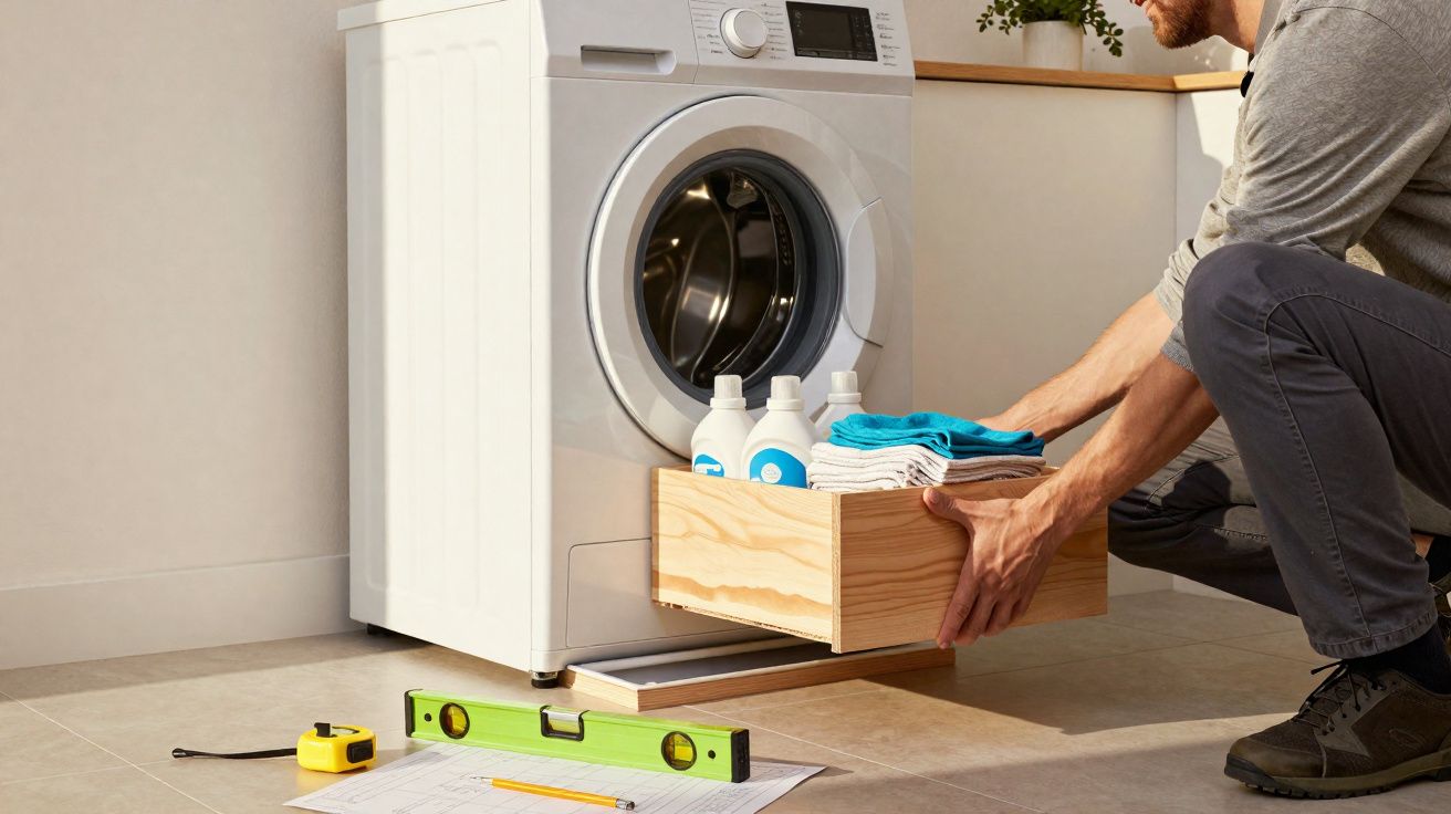 Homem organiza produtos e roupas num gavetão por baixo de máquina de lavar roupa branca.