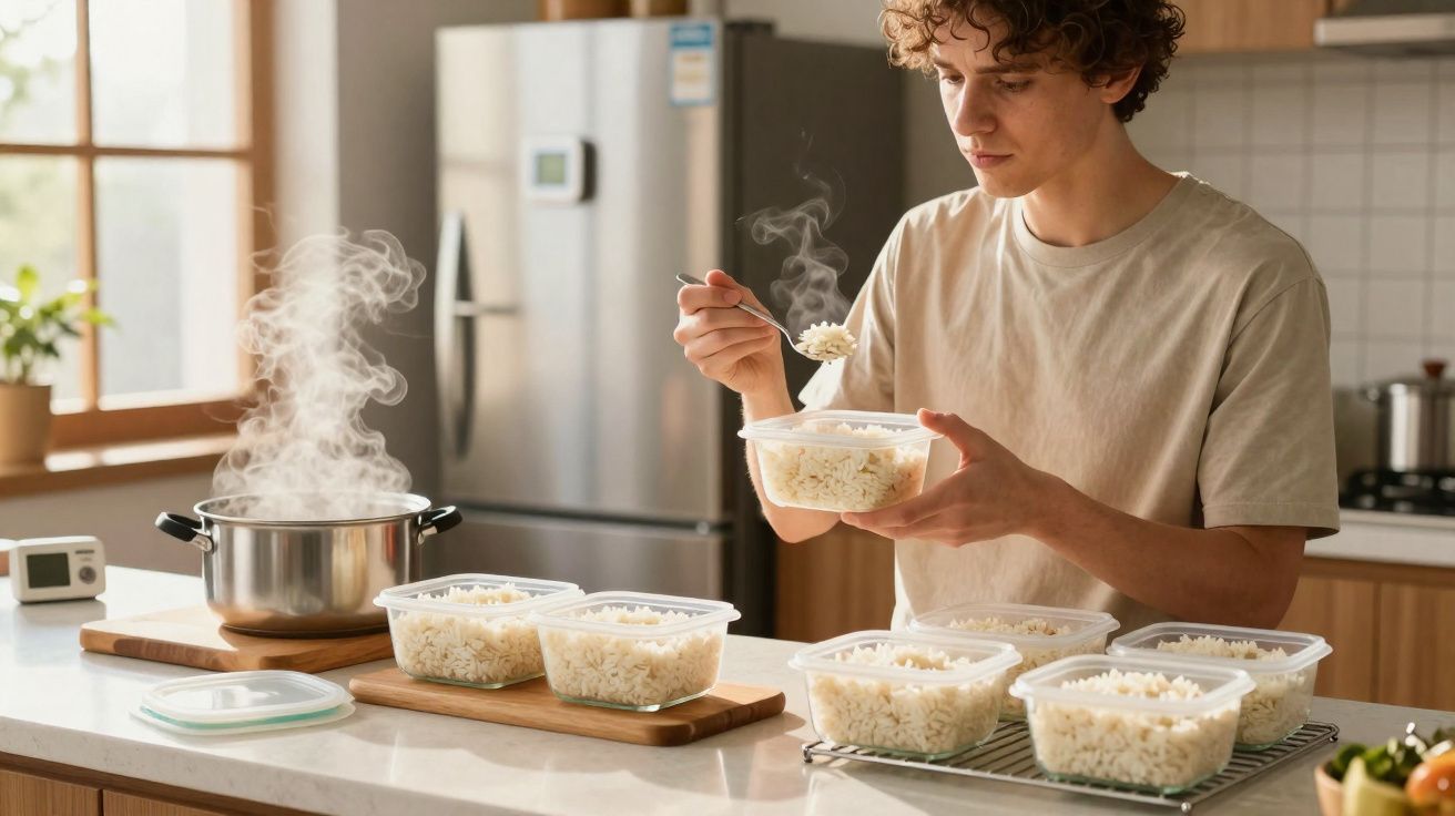 Jovem a colocar arroz quente em caixas de plástico numa cozinha moderna, com panela fumegante ao fundo.