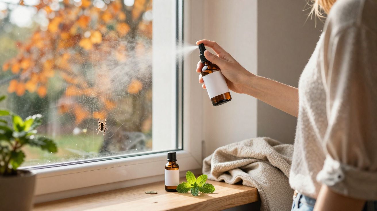 Pessoa a pulverizar spray sobre uma teia de aranha numa janela com folhas de planta e frascos na beira.