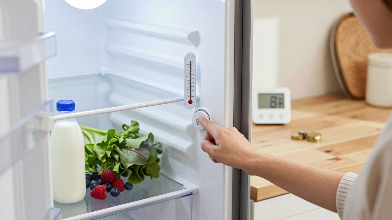 Mão ajusta o termóstato do frigorífico aberto com vegetais, frutos vermelhos e garrafa de leite no interior.