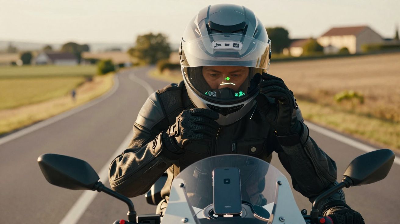 Homem com capacete e casaco de couro prepara-se para conduzir motociclo numa estrada rural.