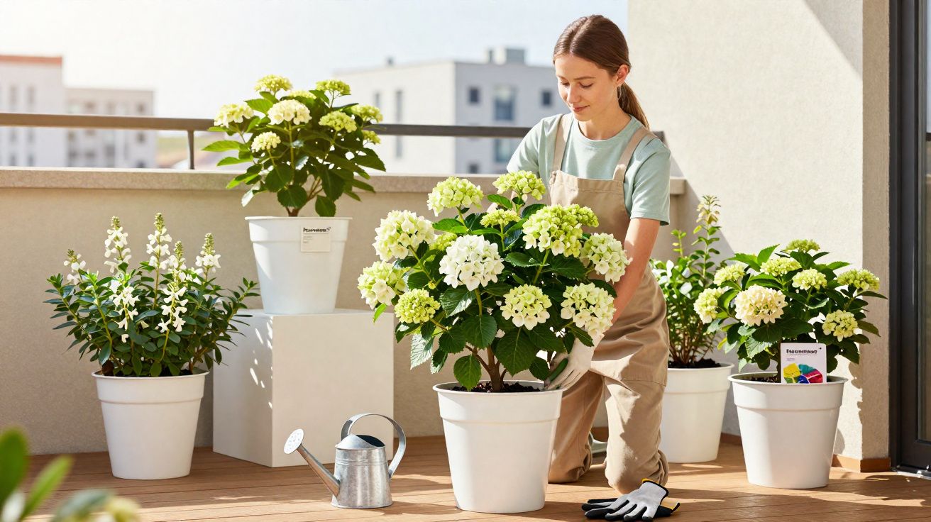 Mulher a cuidar de plantas com flores brancas em vasos brancos numa varanda ensolarada.