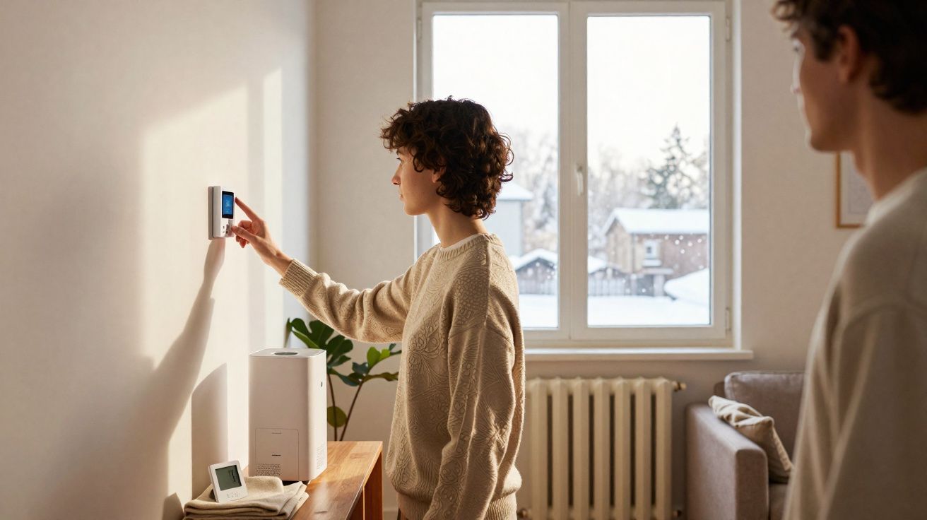 Pessoa ajusta termostato na parede de uma sala com janela onde se vê neve lá fora.