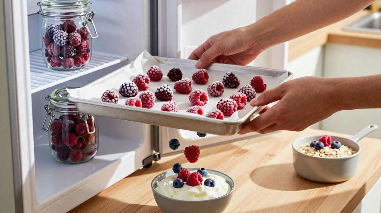 Mãos a colocar tabuleiro com frutos vermelhos congelados para cima de iogurte com mirtilos numa cozinha moderna.