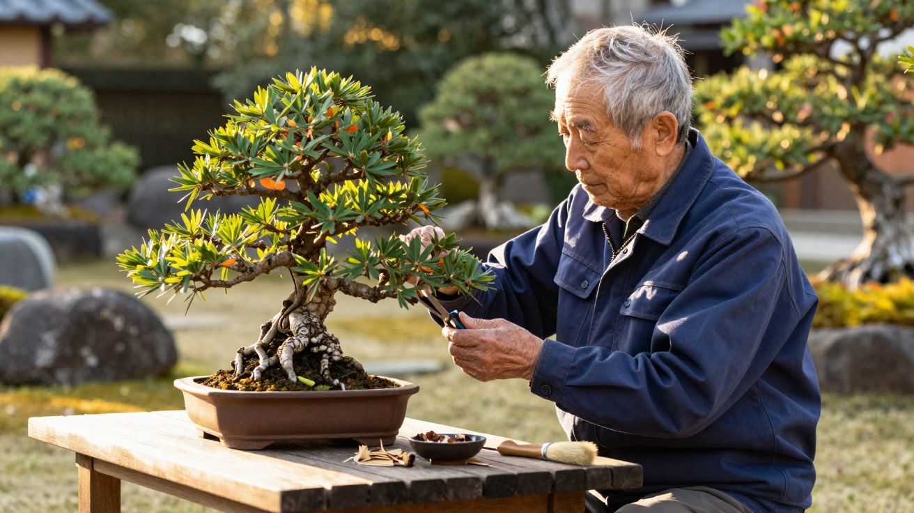 Homem idoso a podar uma árvore bonsai num jardim exterior ao final da tarde.