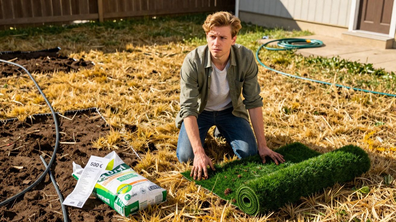 Homem ajoelhado a desenrolar relva artificial num jardim com relva seca e terra.