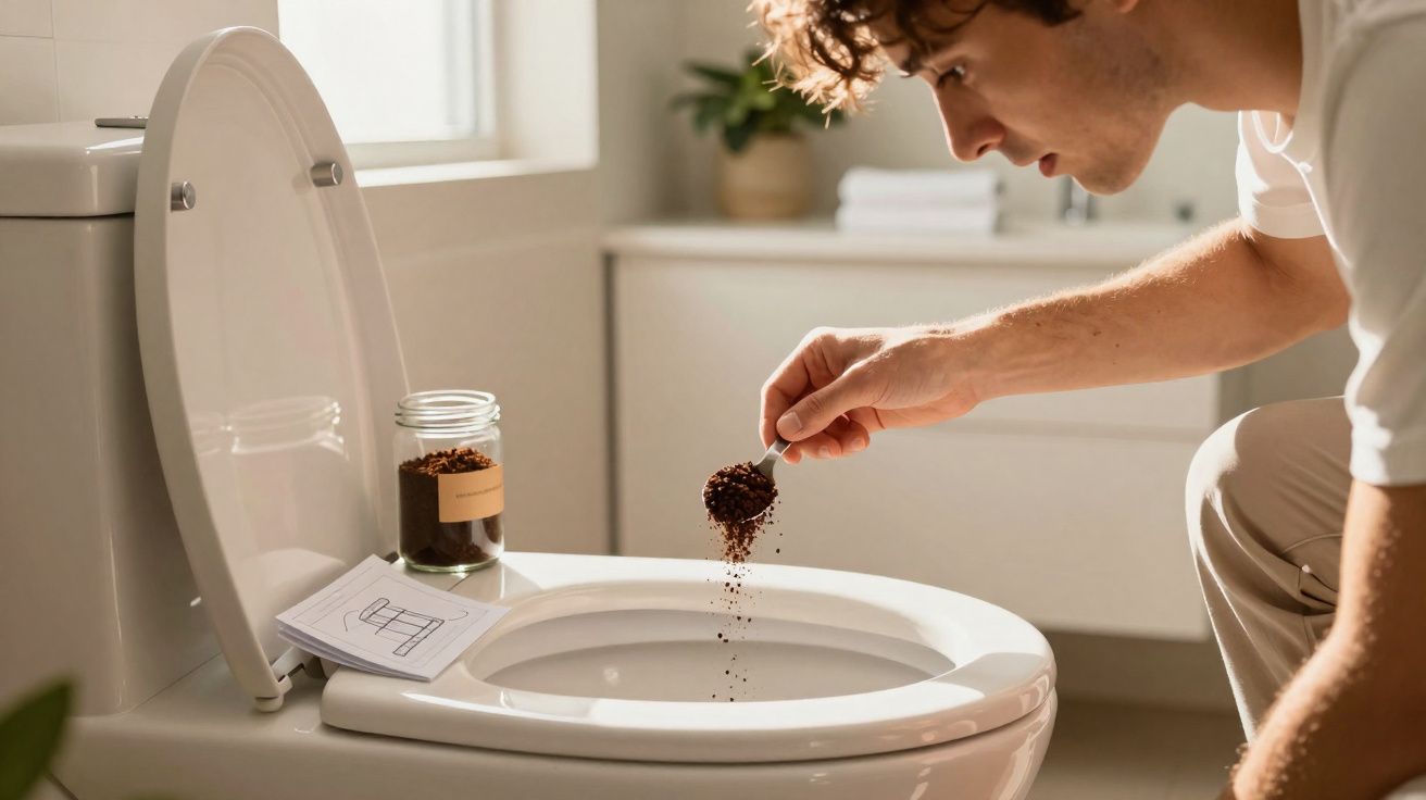 Homem a deitar café moído dentro da sanita aberta numa casa de banho iluminada.
