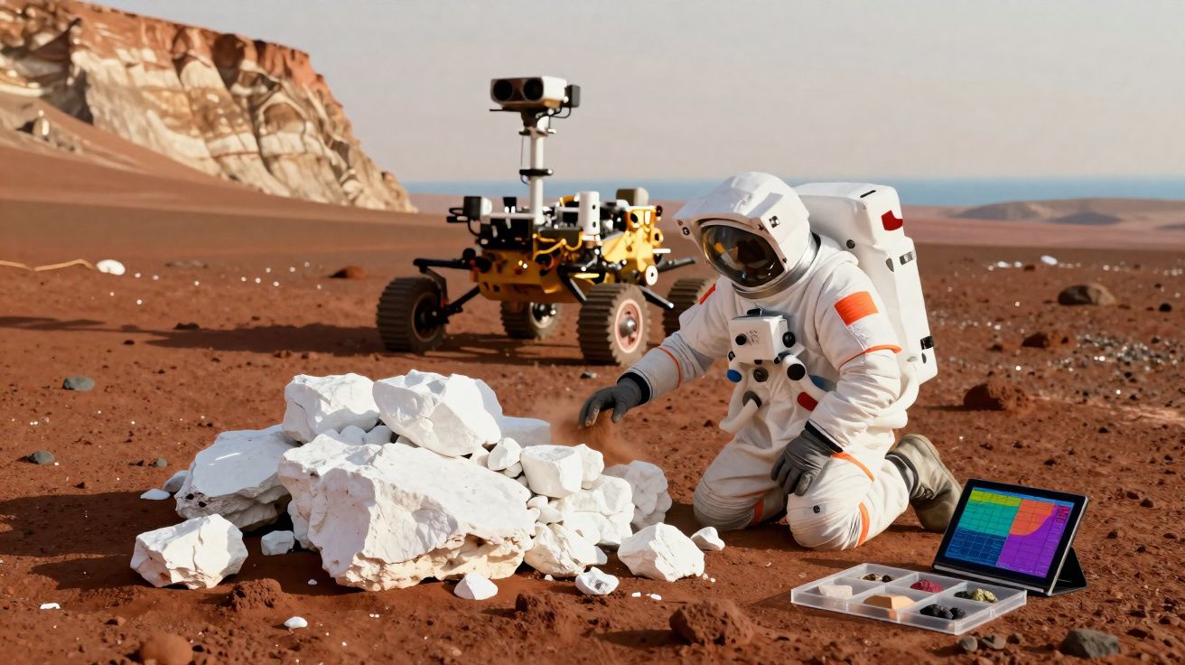 Astronauta examina rochas brancas em solo vermelho de Marte com robô e tablet colorido ao fundo.