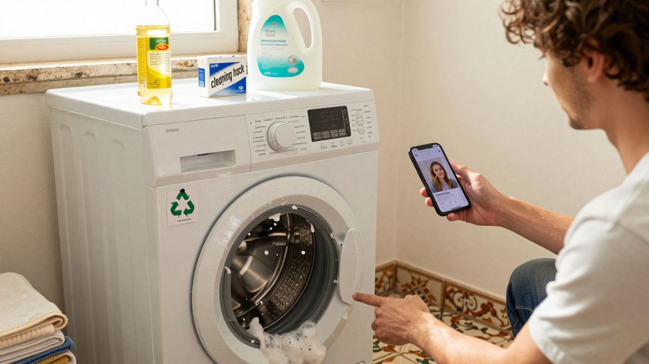 Homem abre máquina de lavar roupa com espuma, segurando telemóvel com vídeo chamada numa divisão.