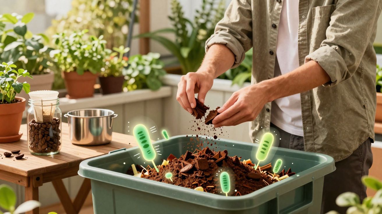 Pessoa a adicionar borra de café a uma compostagem caseira numa varanda com plantas.