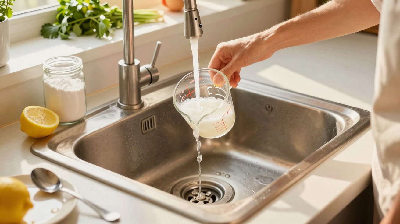 Mão a despejar leite num jarro medidor sobre uma pia de inox com torneira aberta na cozinha.
