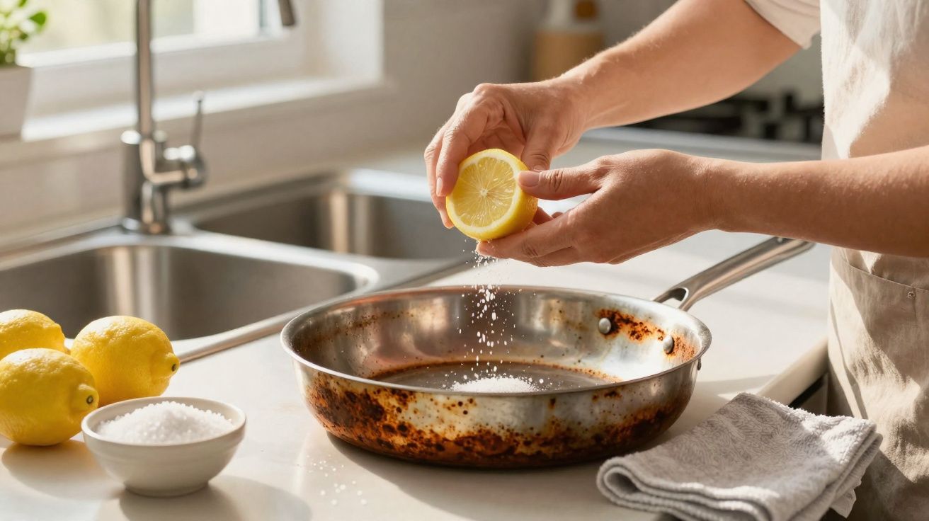 Pessoa espremendo limão sobre frigideira enferrujada numa cozinha iluminada.