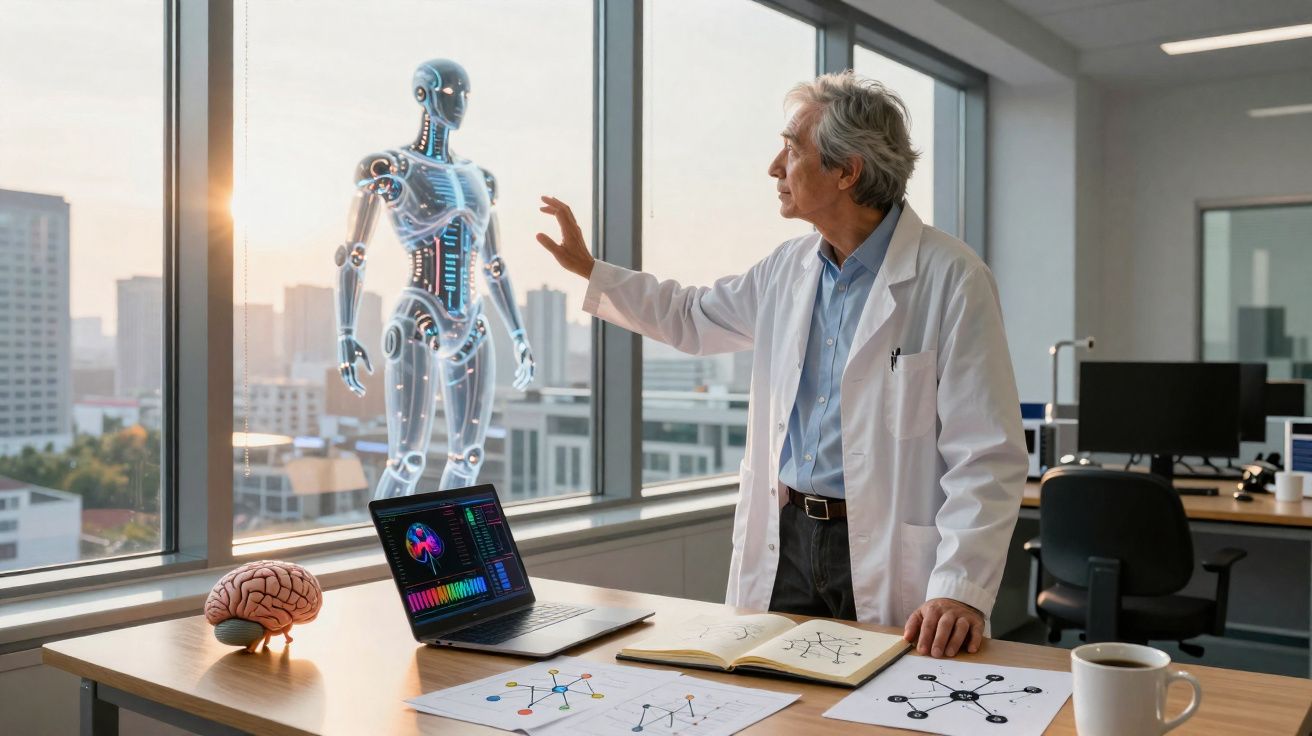 Cientista na sala observa holograma de robô perto da janela com cérebro, computador e gráficos na mesa.
