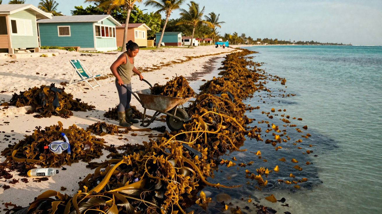 Mulher a limpar e juntar algas numa praia com carrinho de mão, casas coloridas e palmeiras ao fundo.