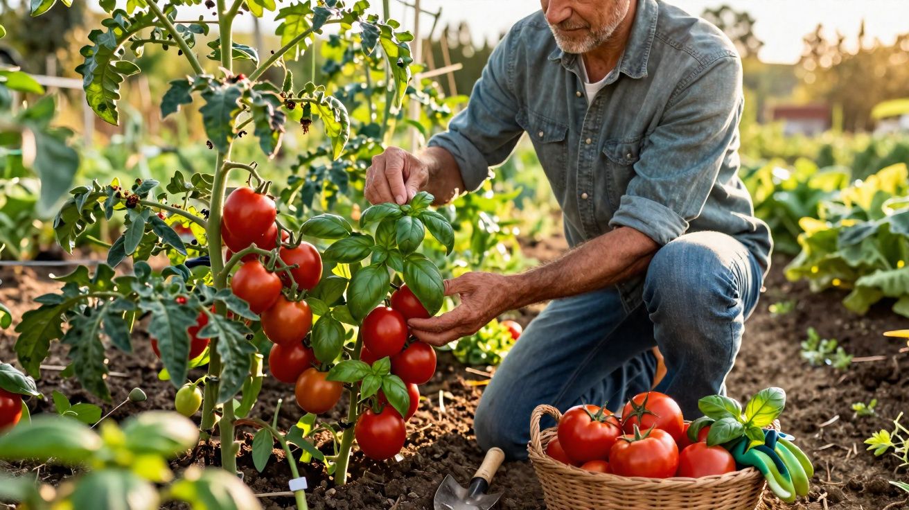 Homem a apanhar tomates maduros num jardim, com cesta cheia de tomates ao lado.
