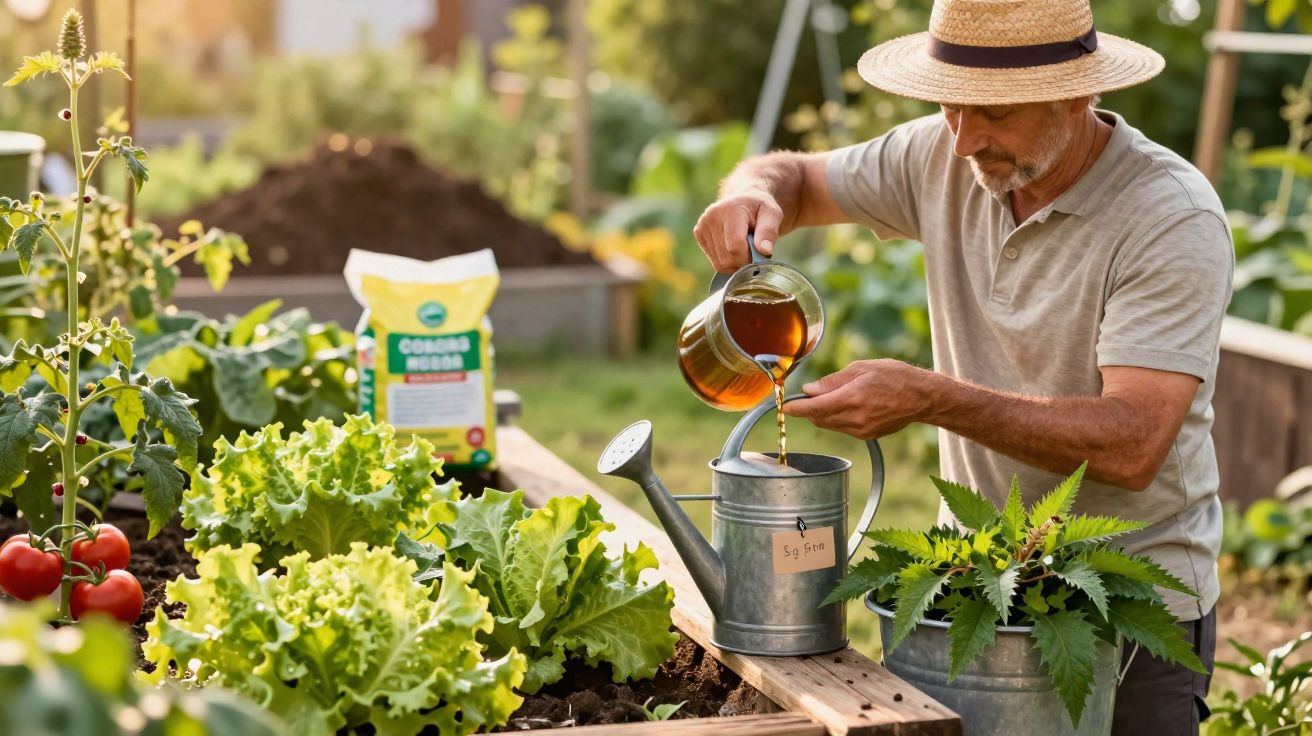 Homem a regar plantas numa horta com regador metálico e chapéu de palha num dia ensolarado.