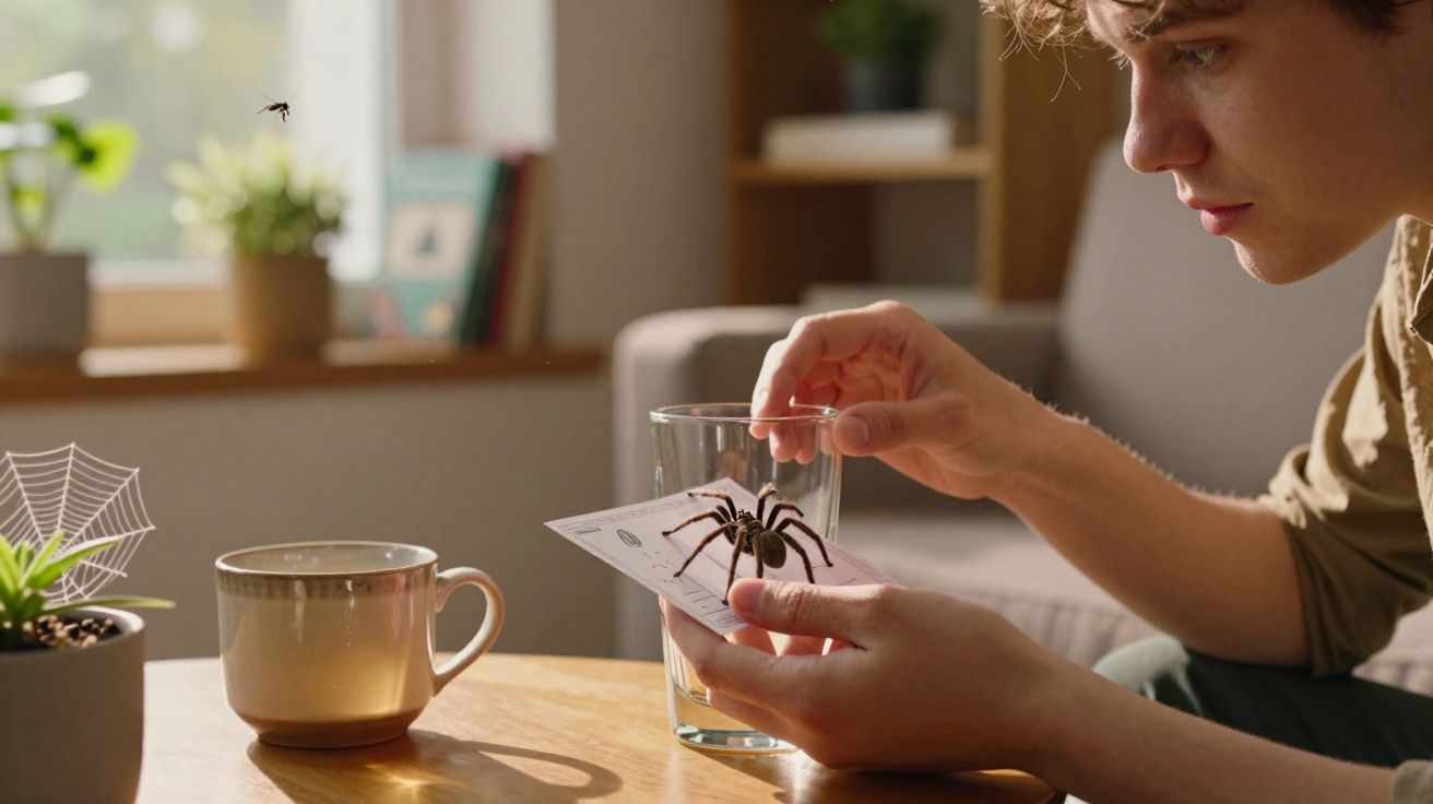 Jovem a apanhar uma aranha grande com um copo e papel numa sala iluminada e uma teia numa planta.