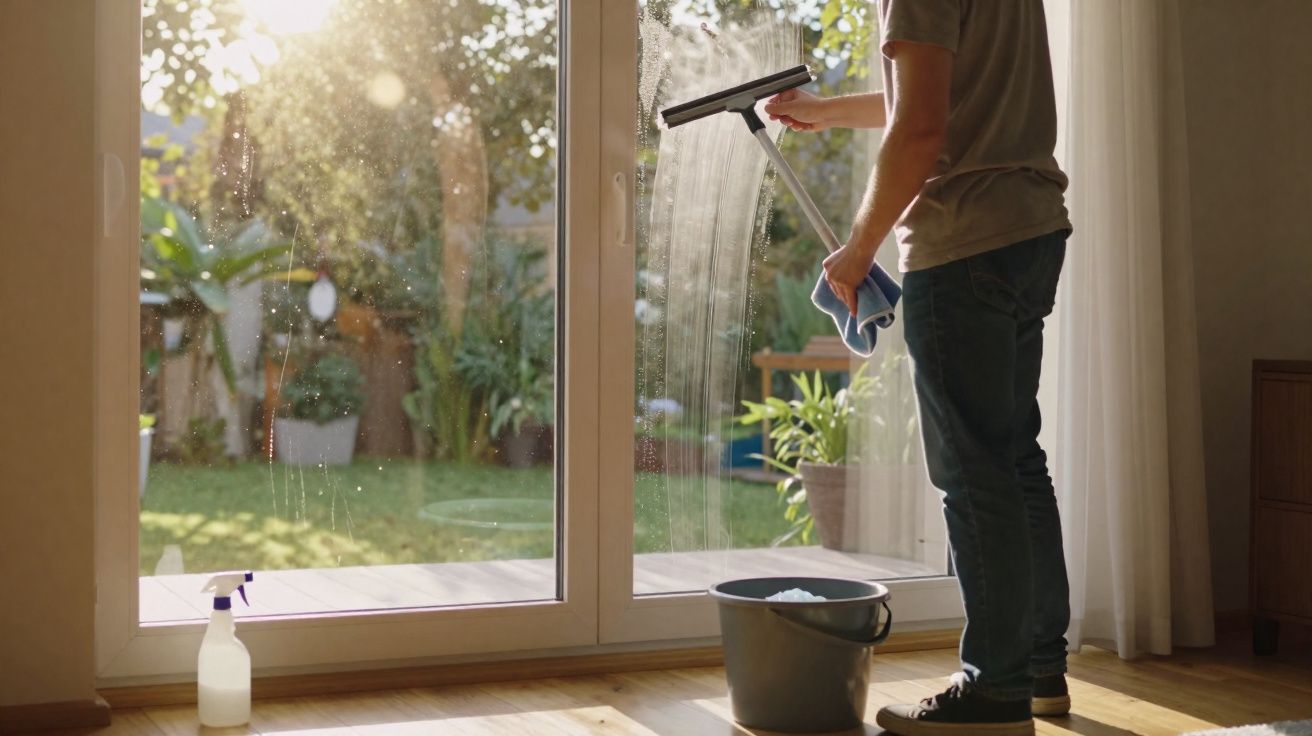 Pessoa a limpar uma porta de vidro deslizante com um esfregão, luz natural entra pela janela.