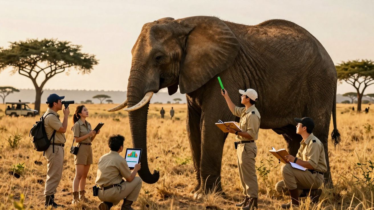 Equipa de pesquisadores em uniformes analisa elefante numa savana com árvores ao fundo.