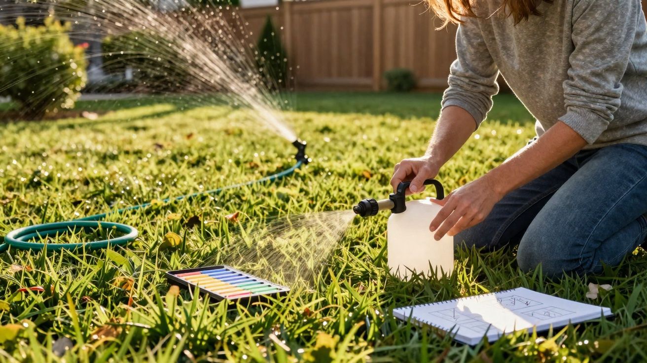 Pessoa a molhar tintas de aguarela no relvado com regador de pressão, ao lado de caderno de desenho.