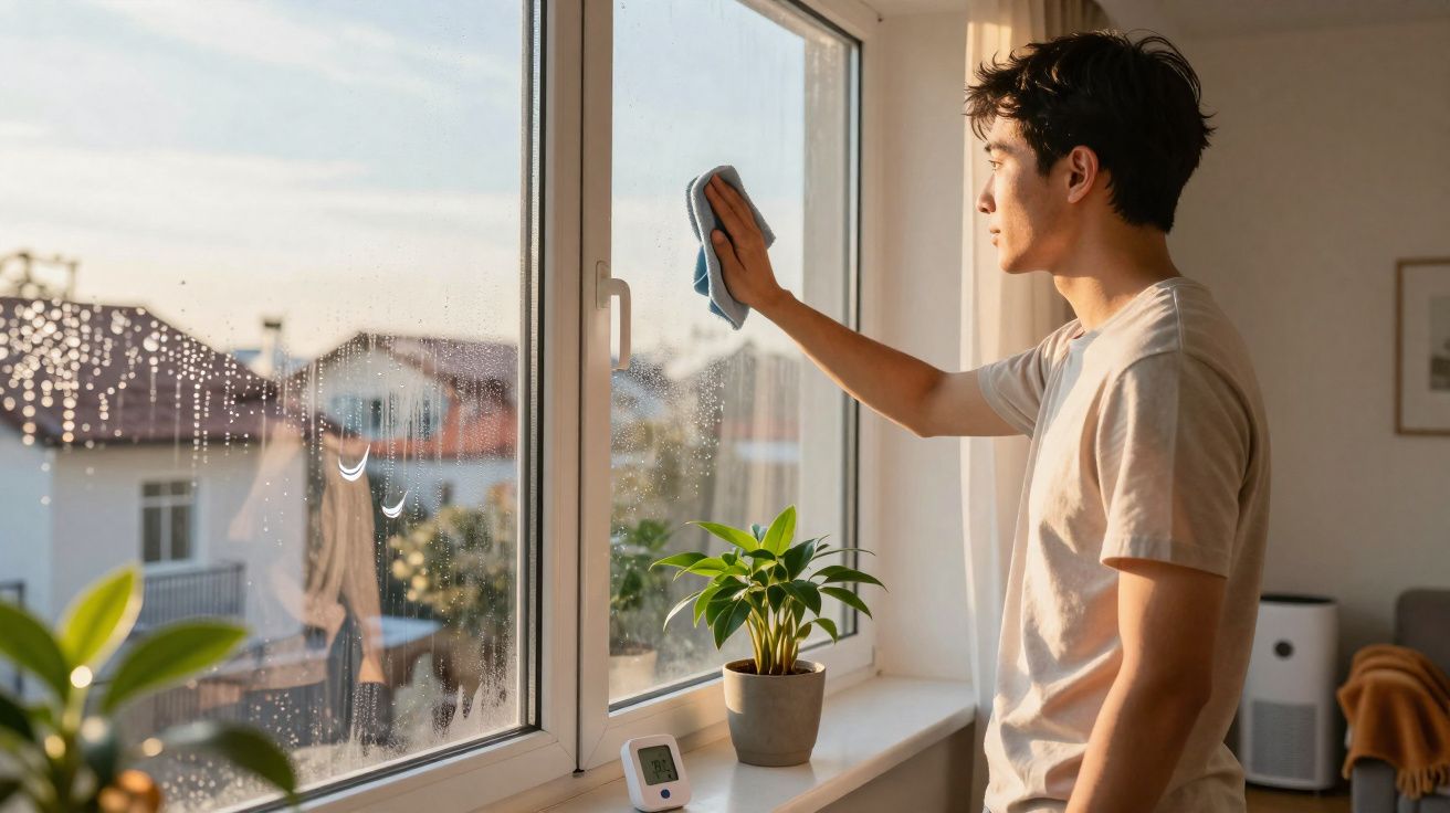 Homem a limpar uma janela interior numa casa durante o dia com plantas e termómetro na varanda.