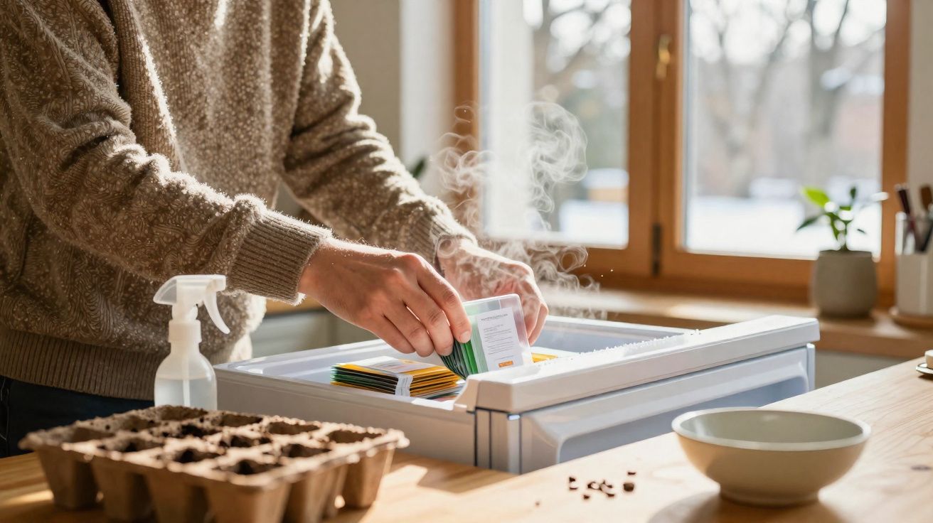 Pessoa a preparar sementes para semear numa caixa de germinação com vapor a sair, numa cozinha iluminada.